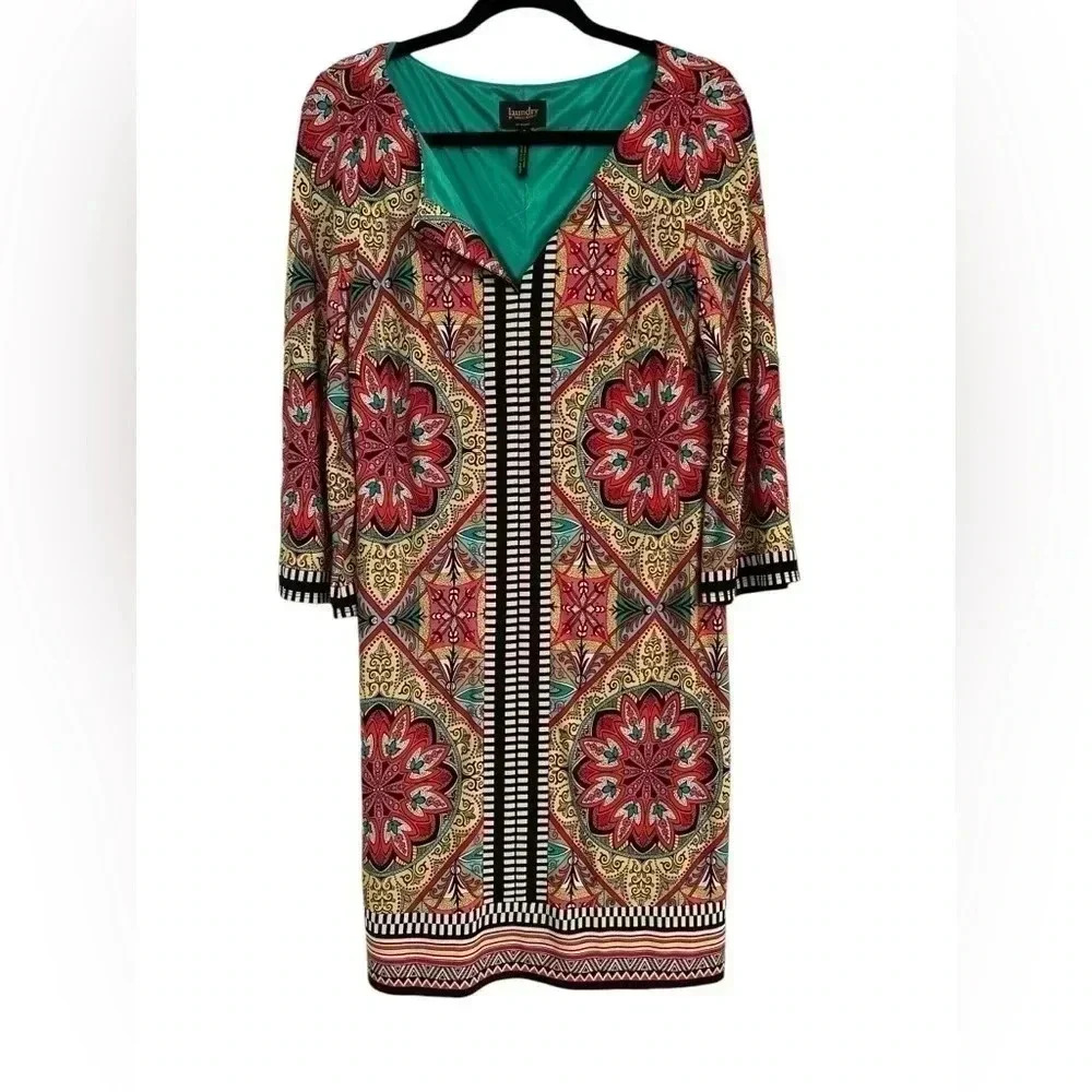 Laundry by Shelli Segal 3/4 Sleeve Shift Dress Size 8 Multicolored V Neck Lined